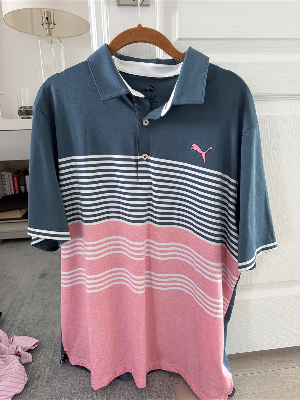 NWOT Puma Men's Blue & Pink Striped Polo Shirt